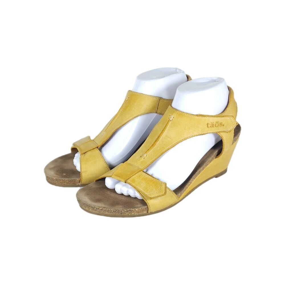 Taos Women’s Sheila EU40 US 9-9,5 Yellow Leather T Strap Open-Toe Wedge Sandal